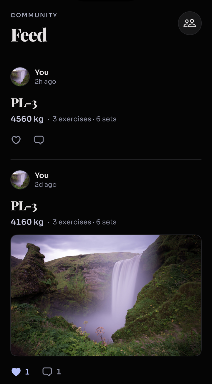 The Arete feed showing a shared session with a photo, likes and a comment