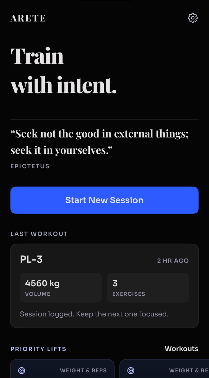 The Arete home screen: Train with intent, a Stoic quote, and a Start New Session button